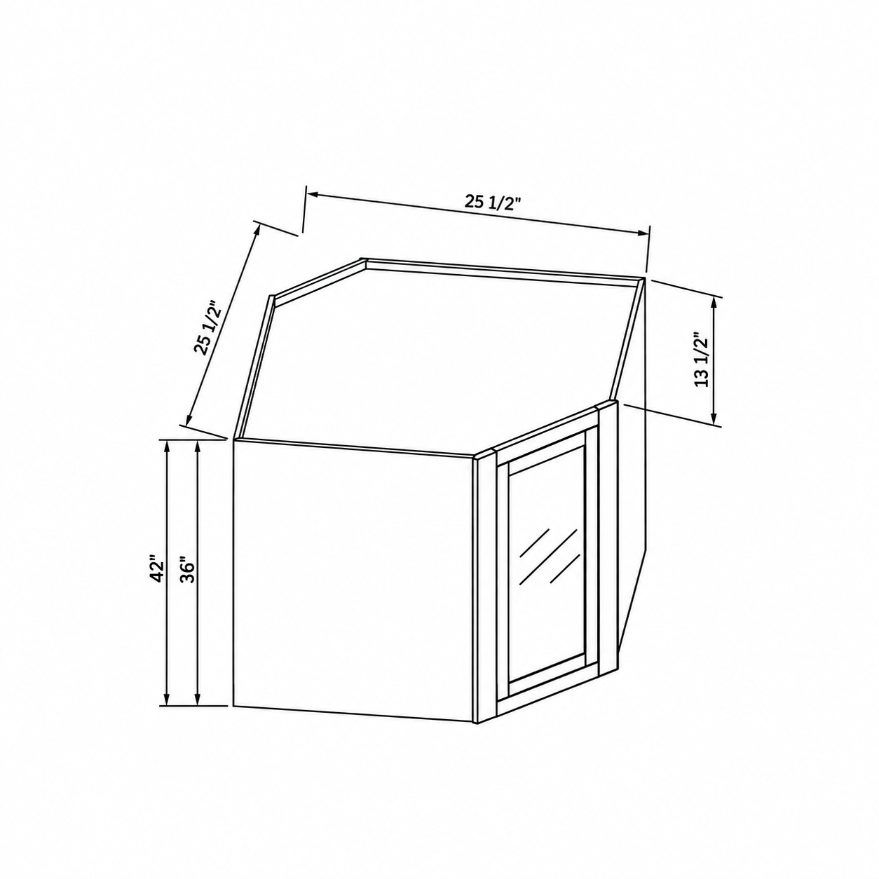 MDI Inset diagonal wall cabinet configuration and dimensions for WDC2536GD, WDC2542GD