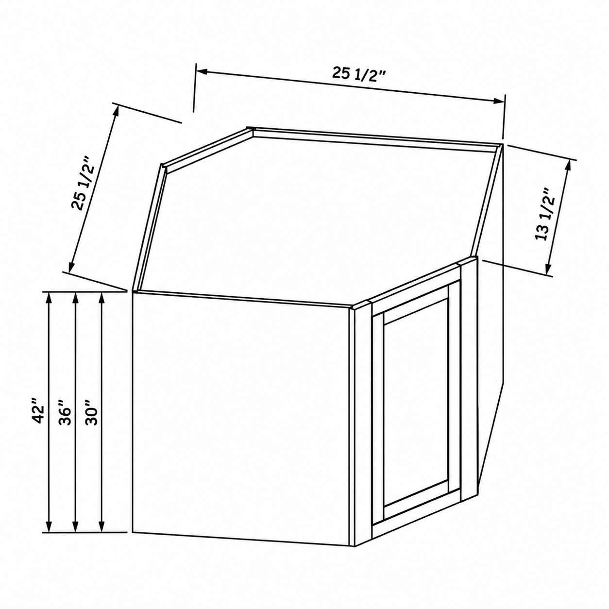 MDI Inset diagonal wall cabinet configuration and dimensions for WDC2530, WDC2536, WDC2542