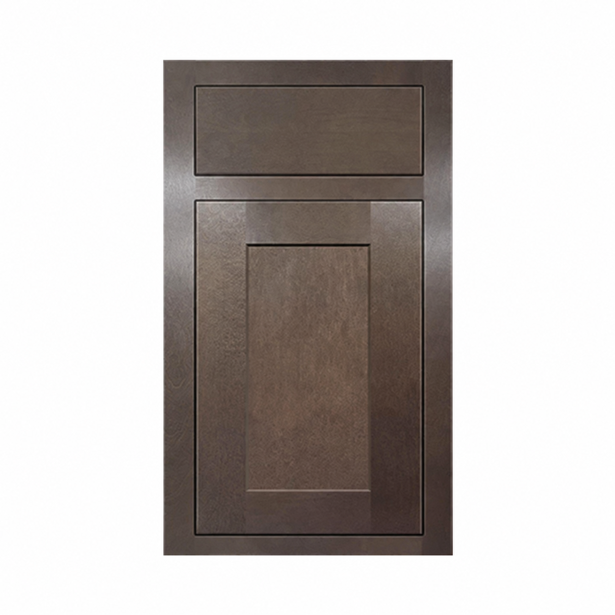 MDI Inset Truffle Brown finish sample showing the complete face frame, inset drawer and recessed-panel door