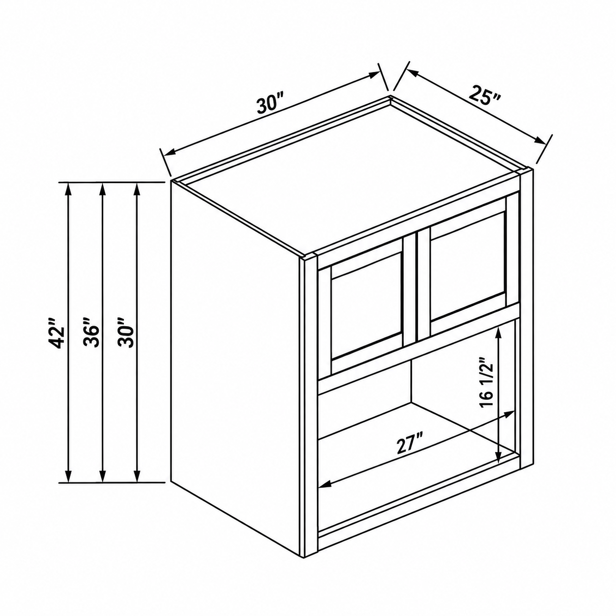 MDI Inset microwave wall cabinet configuration and dimensions for WM303025, WM303625, WM304225
