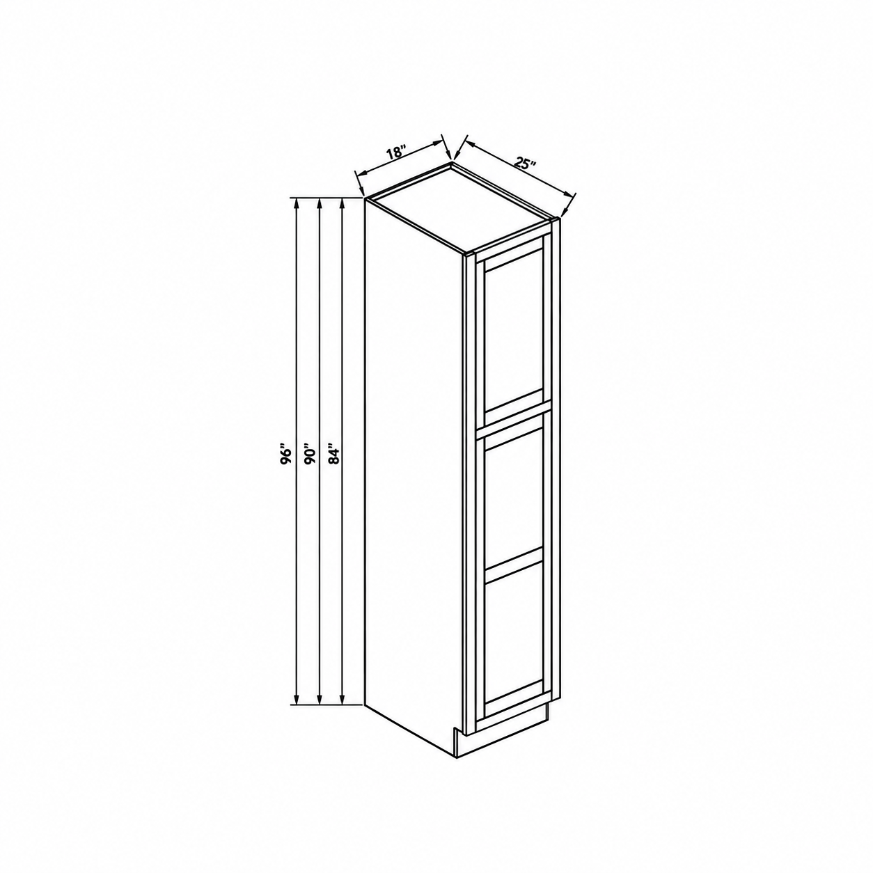 MDI Inset pantry cabinet configuration and dimensions for WP188425, WP189025, WP189625