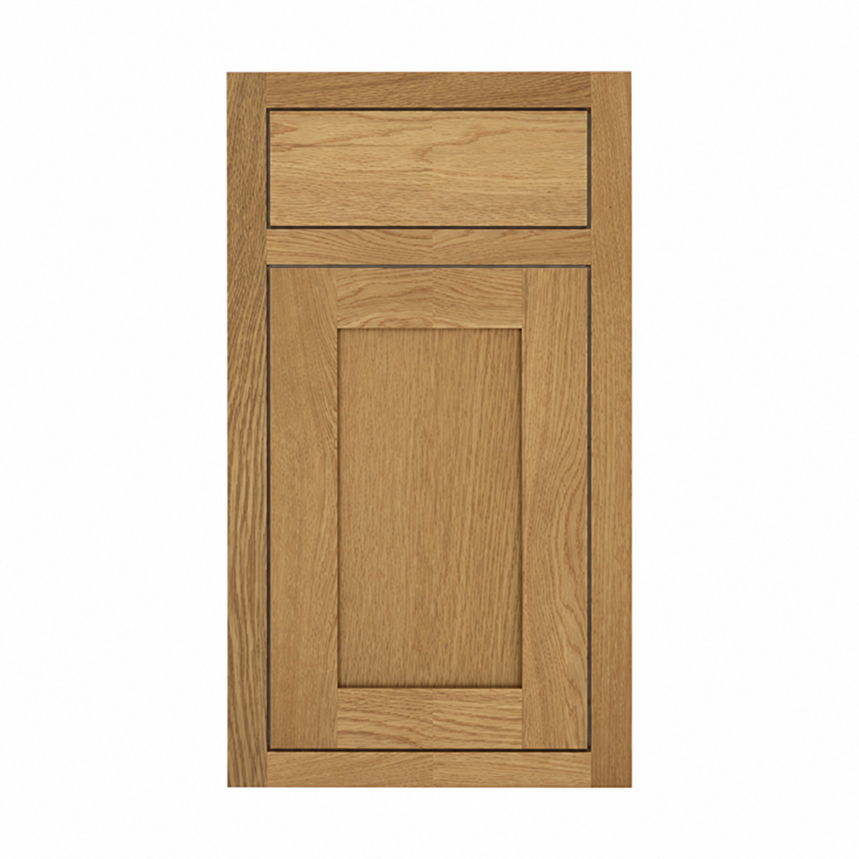 MDI Inset Hazelnut Oak finish sample showing the complete face frame, inset drawer and recessed-panel door
