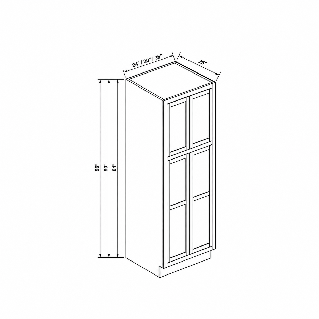 MDI Inset pantry cabinet configuration and dimensions for WP248425, WP249025, WP249625, WP308425, WP309025, WP309625, WP368425, WP369025, WP369625
