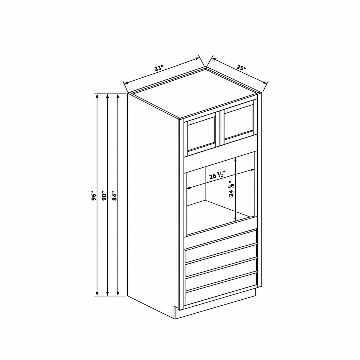 MDI Inset single oven cabinet with four drawers configuration and dimensions for OD338425, OD339025, OD339625