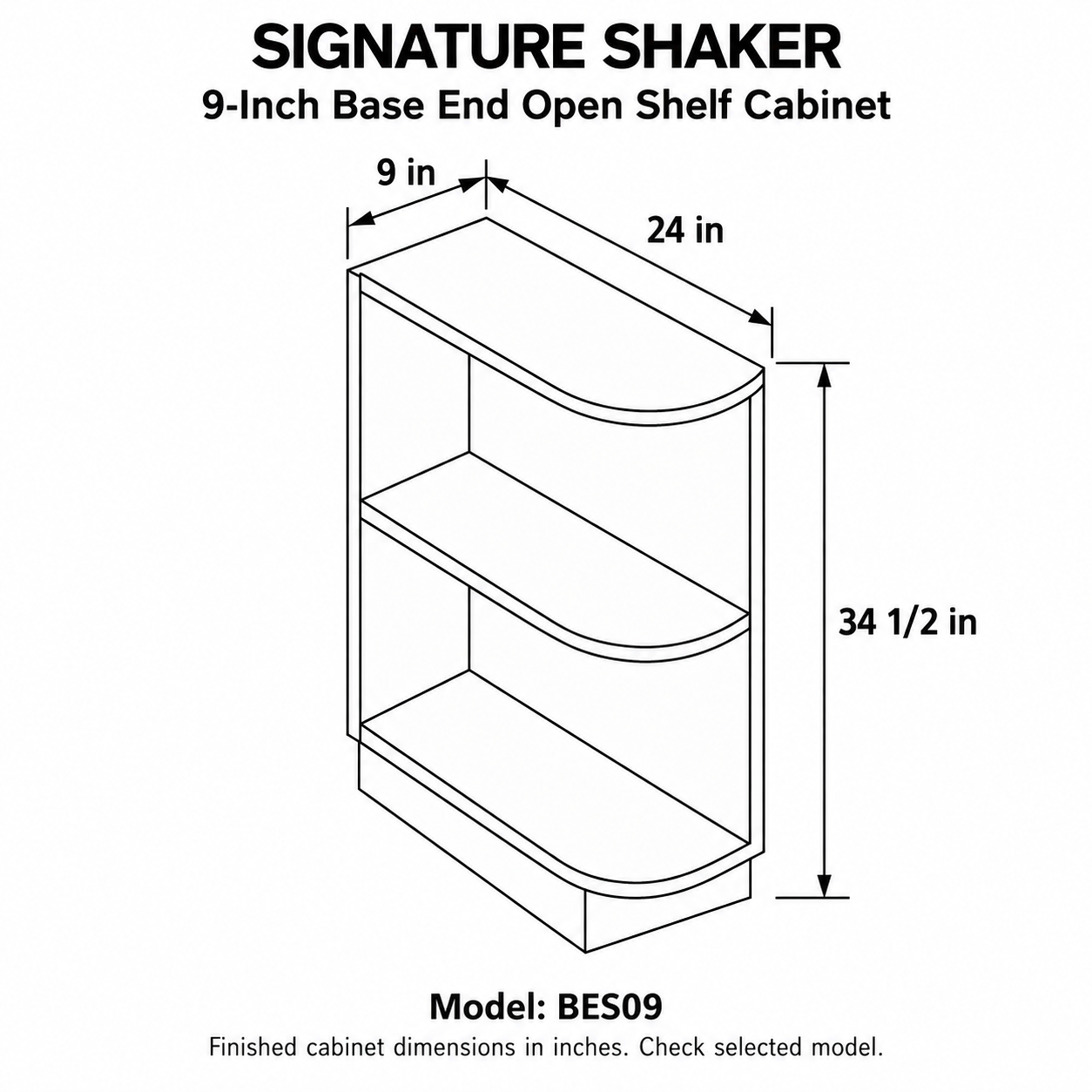 Signature Shaker 9-Inch Base End Open Shelf Cabinet dimensions and configuration