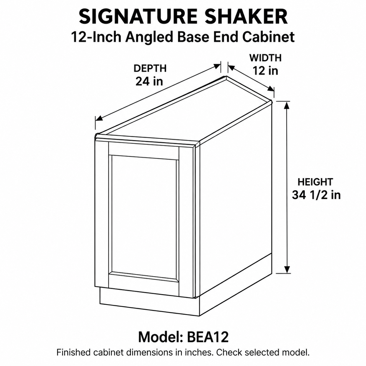 Signature Shaker 12-Inch Angled Base End Cabinet dimensions and configuration