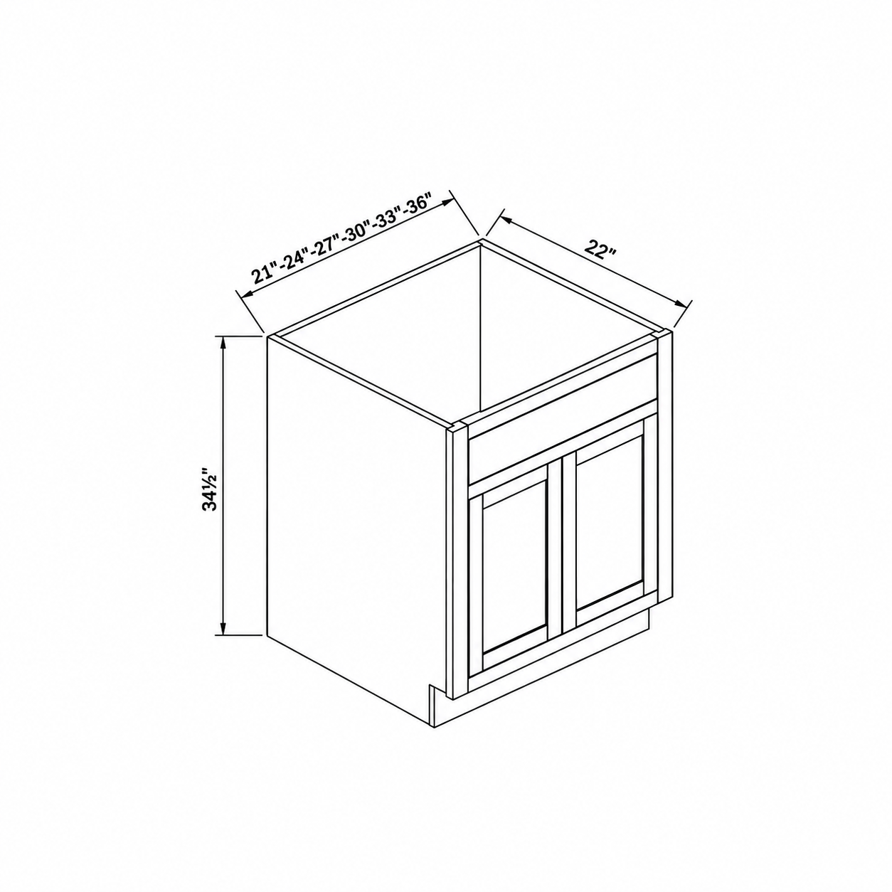 MDI Inset vanity sink cabinet configuration and dimensions for VA21, VA24, VA27, VA30, VA33, VA36