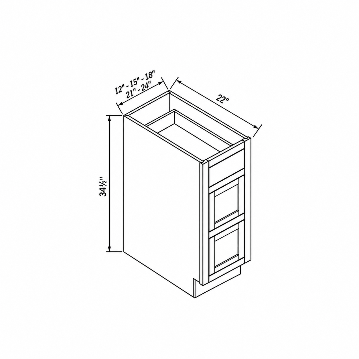 MDI Inset vanity drawer cabinet configuration and dimensions for VDB12, VDB15, VDB18, VDB21, VDB24