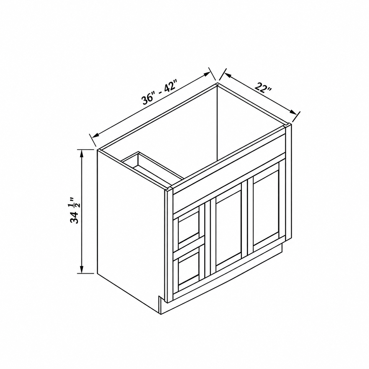MDI Inset vanity sink cabinet configuration and dimensions for VA36-2DL, VA42-2DL