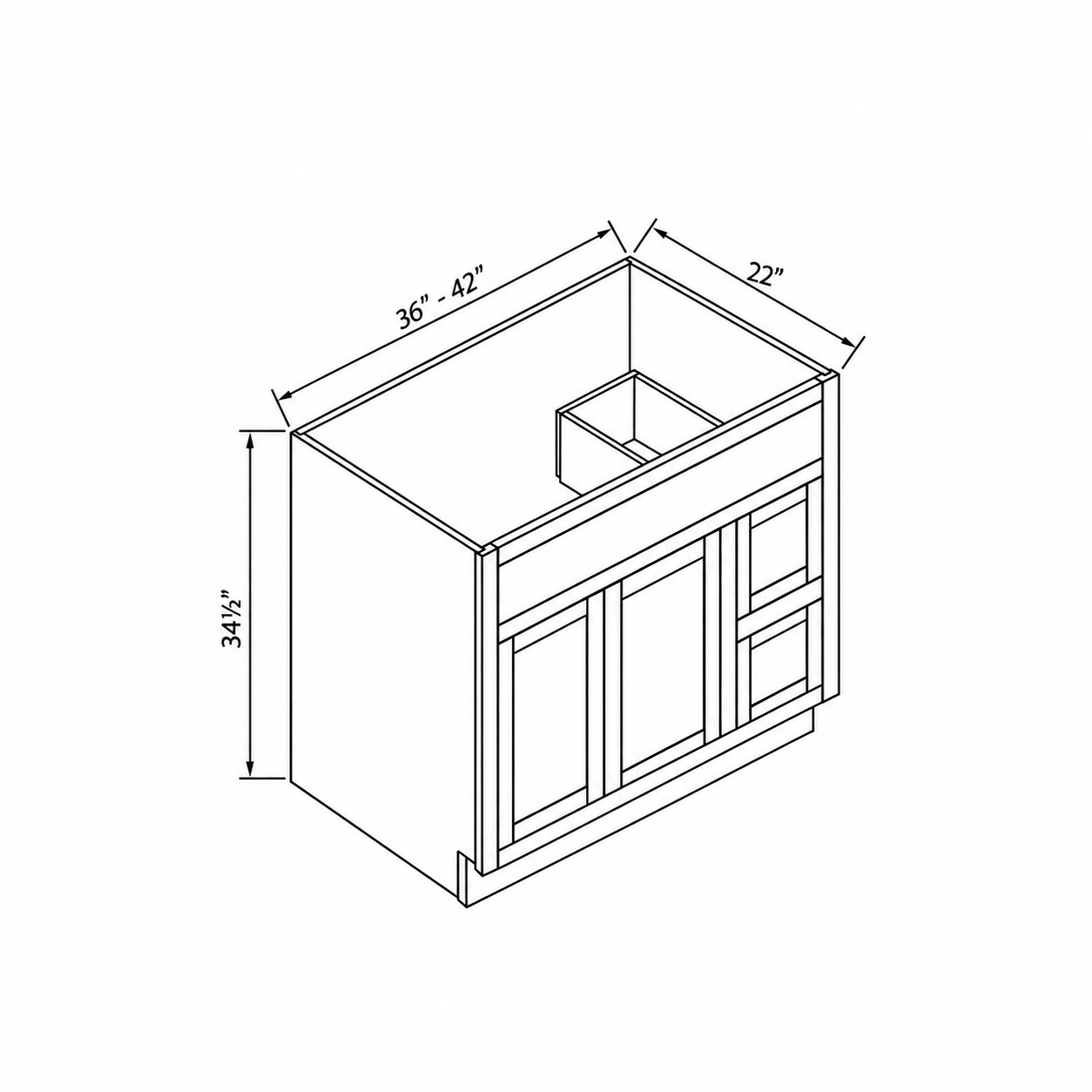 MDI Inset vanity sink cabinet configuration and dimensions for VA36-2DR, VA42-2DR
