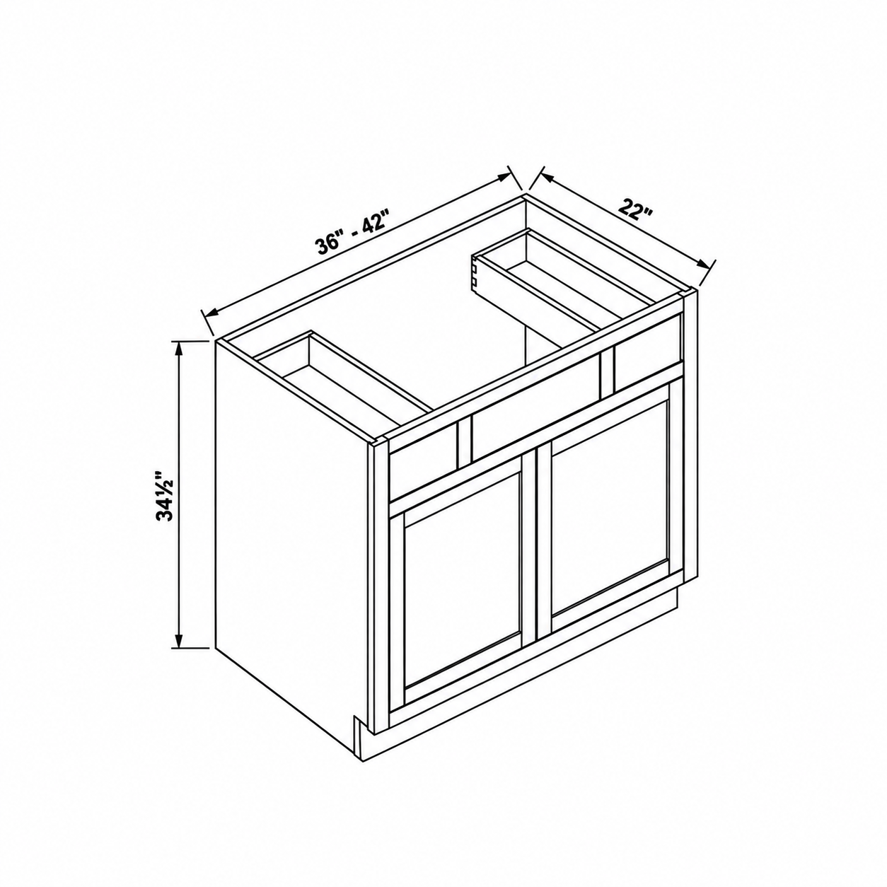 MDI Inset vanity sink cabinet configuration and dimensions for VSD36, VSD42