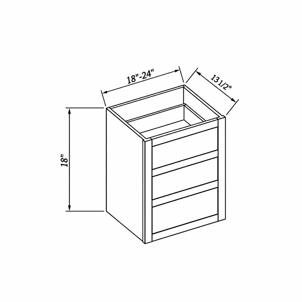 MDI Inset vanity drawer cabinet configuration and dimensions for 3DW18, 3DW24
