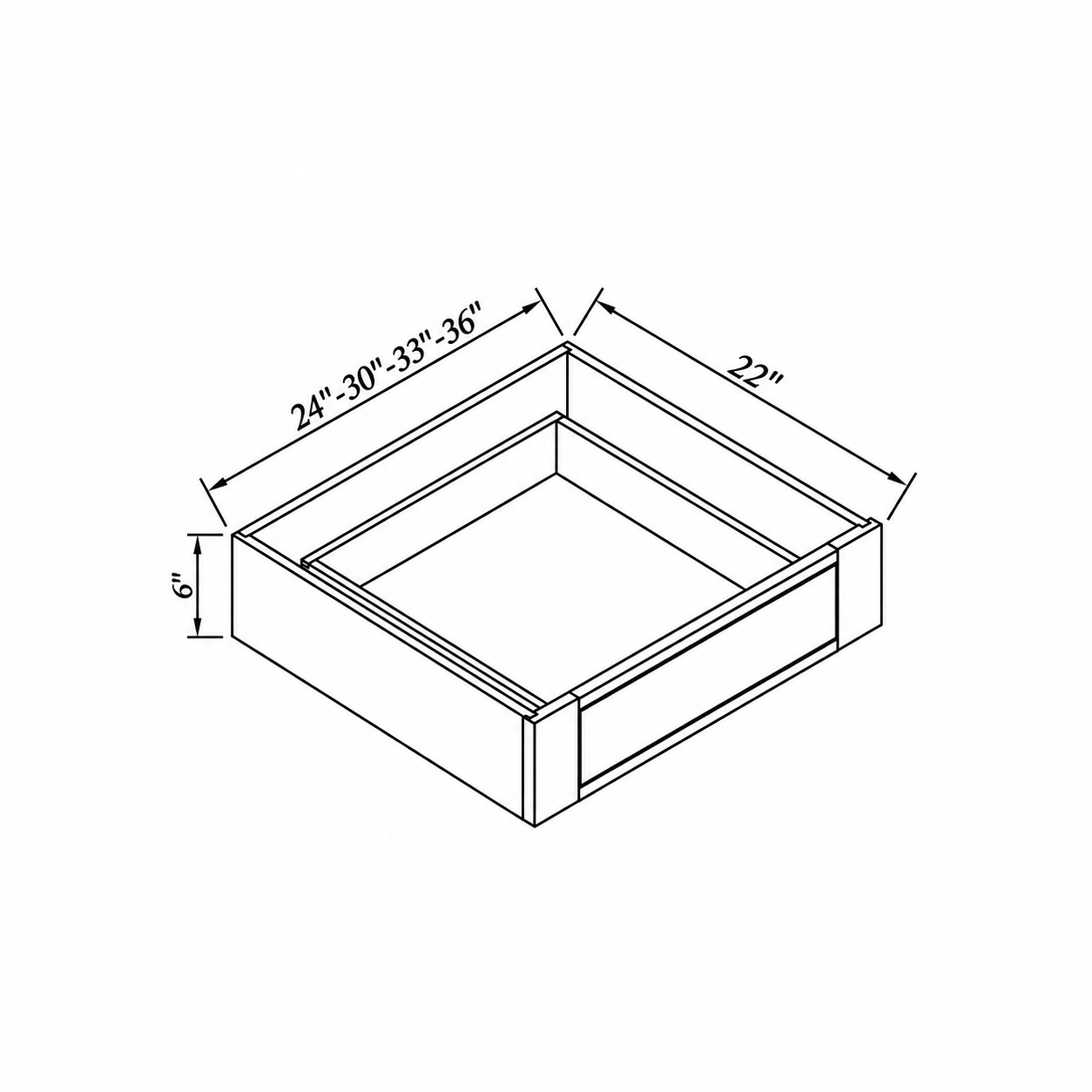MDI Inset knee drawer cabinet configuration and dimensions for DD24A, DD30A, DD33A, DD36A