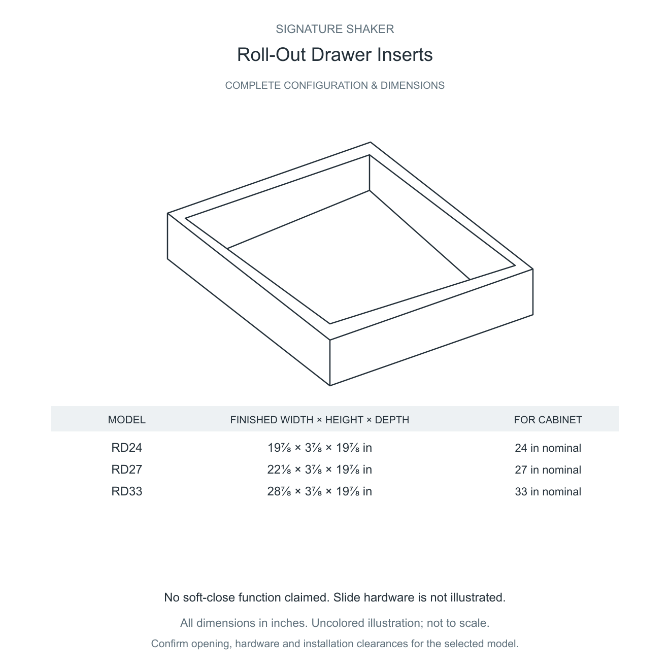 Signature Shaker Roll-Out Drawer Inserts complete configuration and dimensions