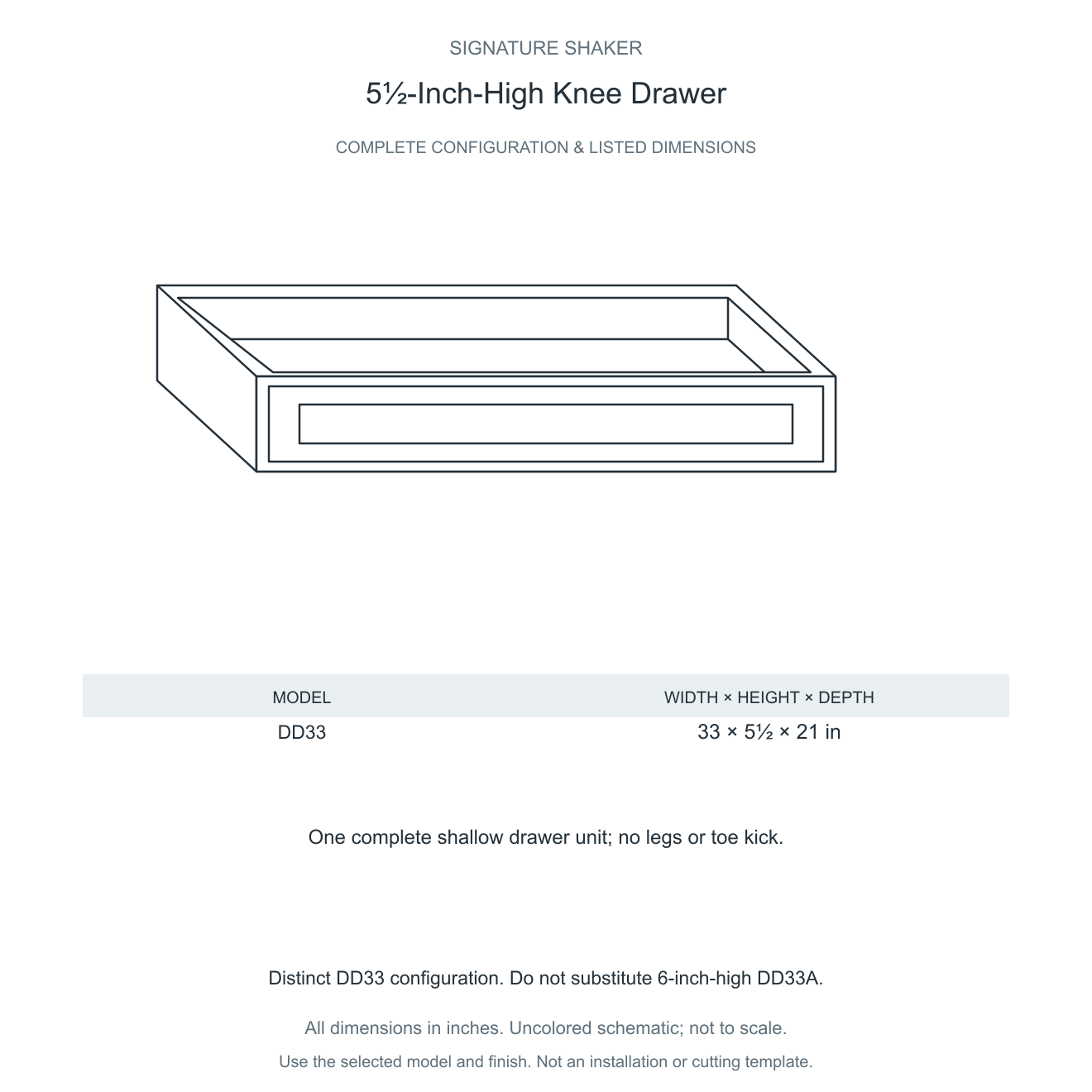 Signature Shaker 5½-Inch-High Knee Drawer dimensions and configuration