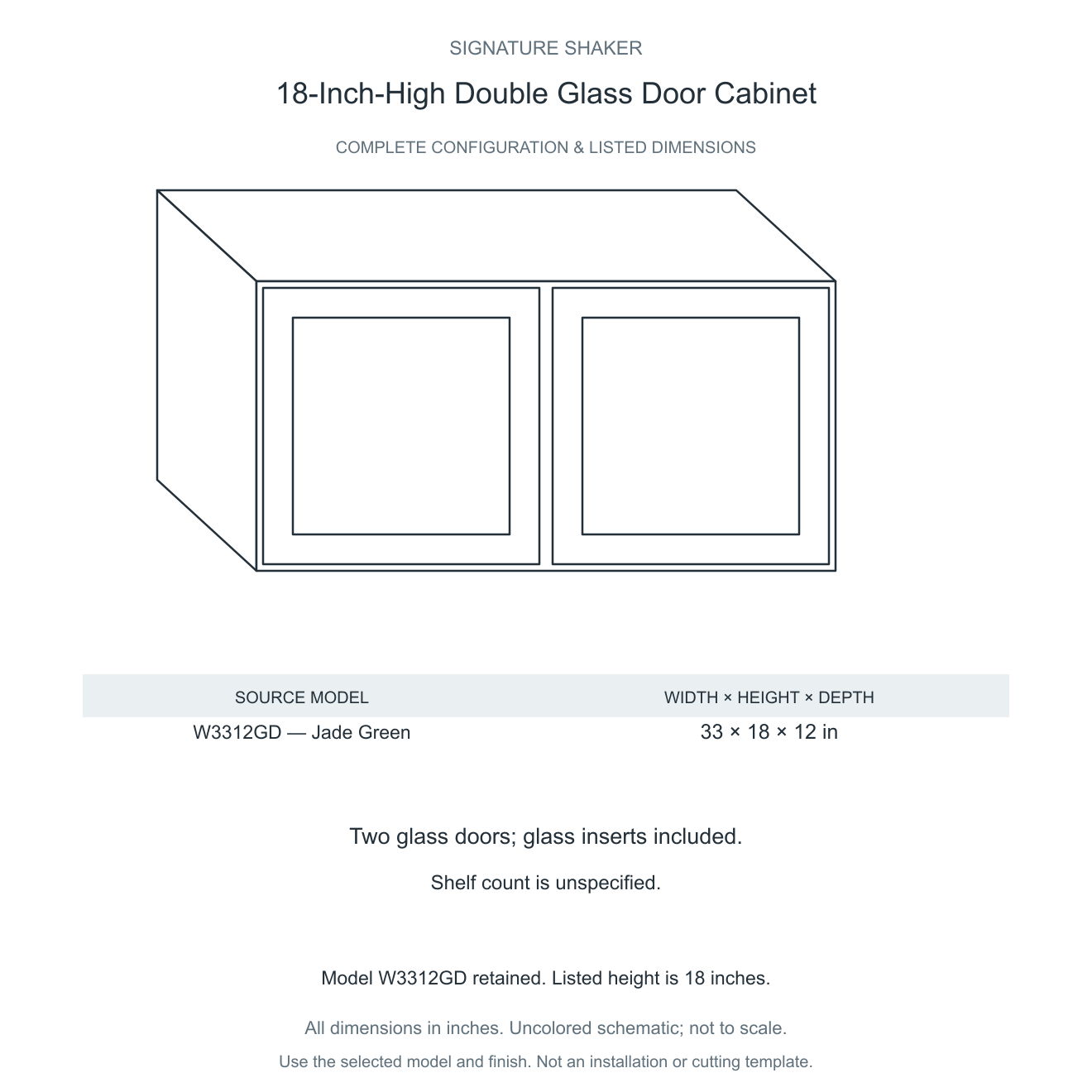 Signature Shaker 18-Inch-High Double Glass Door Wall Cabinet dimensions and configuration