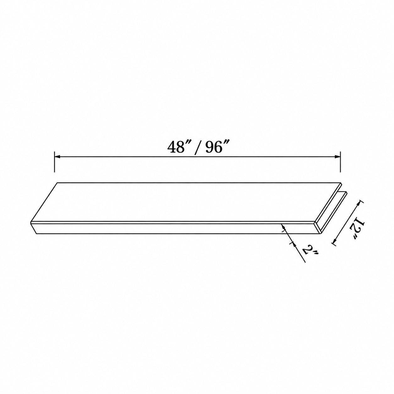 MDI Inset Hazelnut Oak Floating Shelf — 2 Inch Thick configuration and dimensions for BEFF48, BEFF96