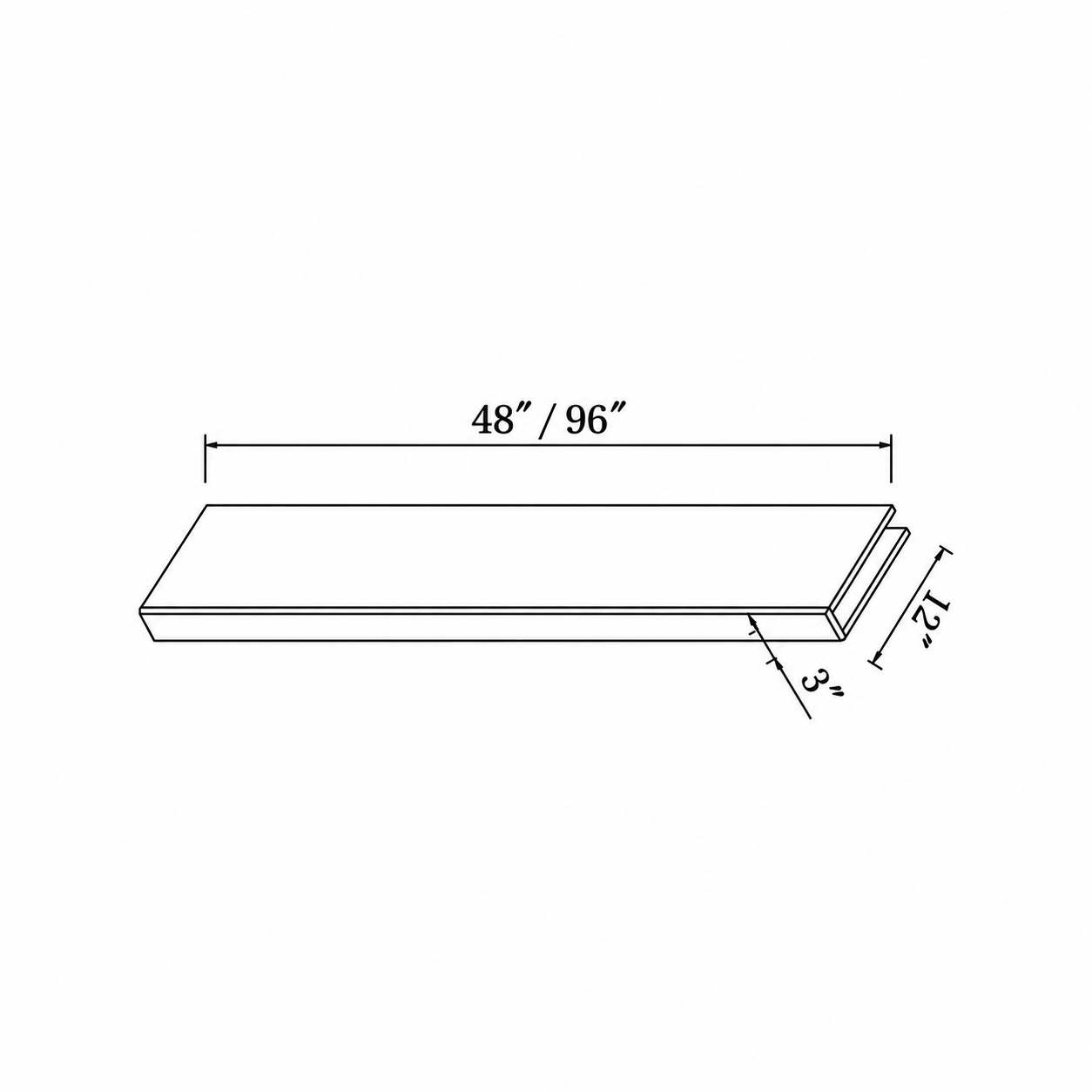 MDI Inset Natural Wood Floating Shelf — 3 Inch Thick configuration and dimensions for BEFF48, BEFF96