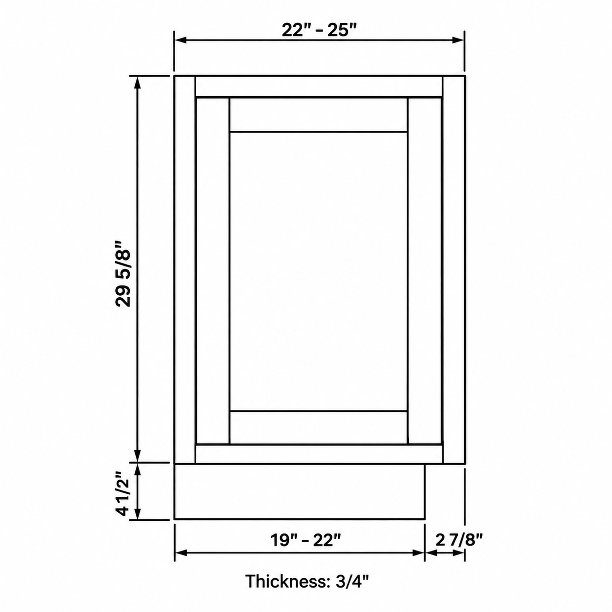 MDI Inset Base Decorative Door Panel configuration and actual component dimensions for BDD22A, BDD25A