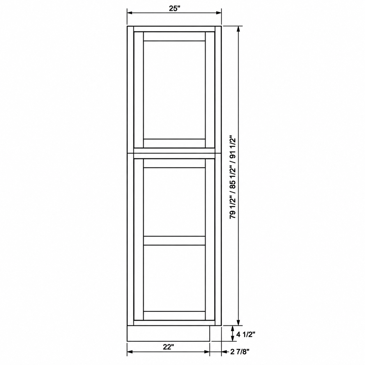 MDI Inset Tall Decorative Door Panel configuration and actual component dimensions for TDEP2584, TDEP2590, TDEP2596