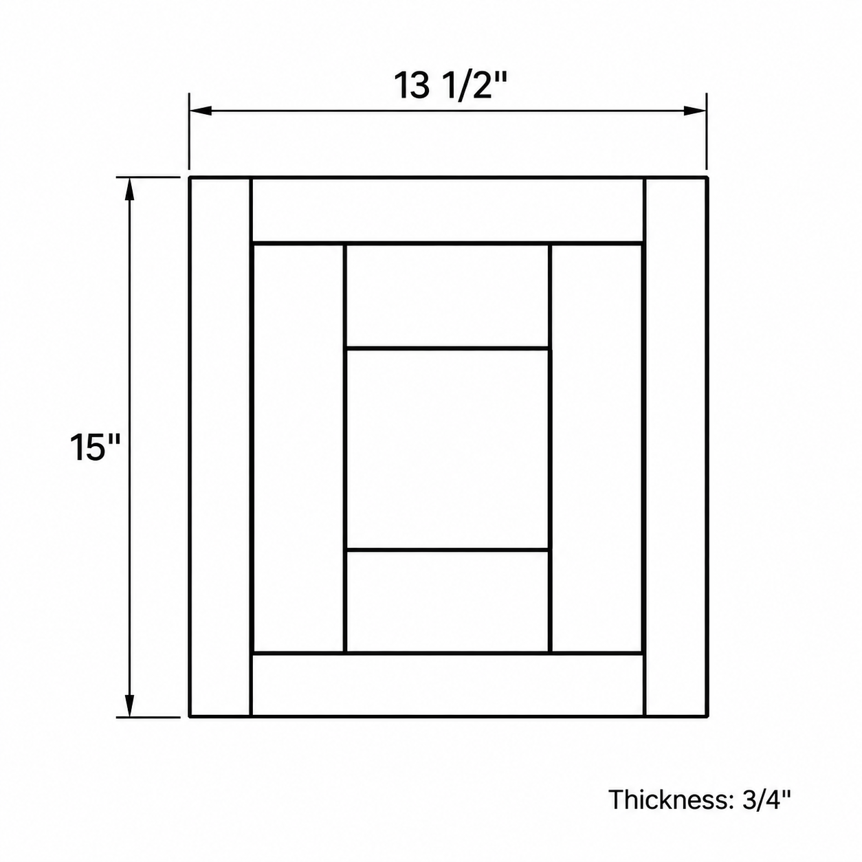 MDI Inset 13.5 by 15 Inch Decorative Door Panel configuration and actual component dimensions for WFD1315