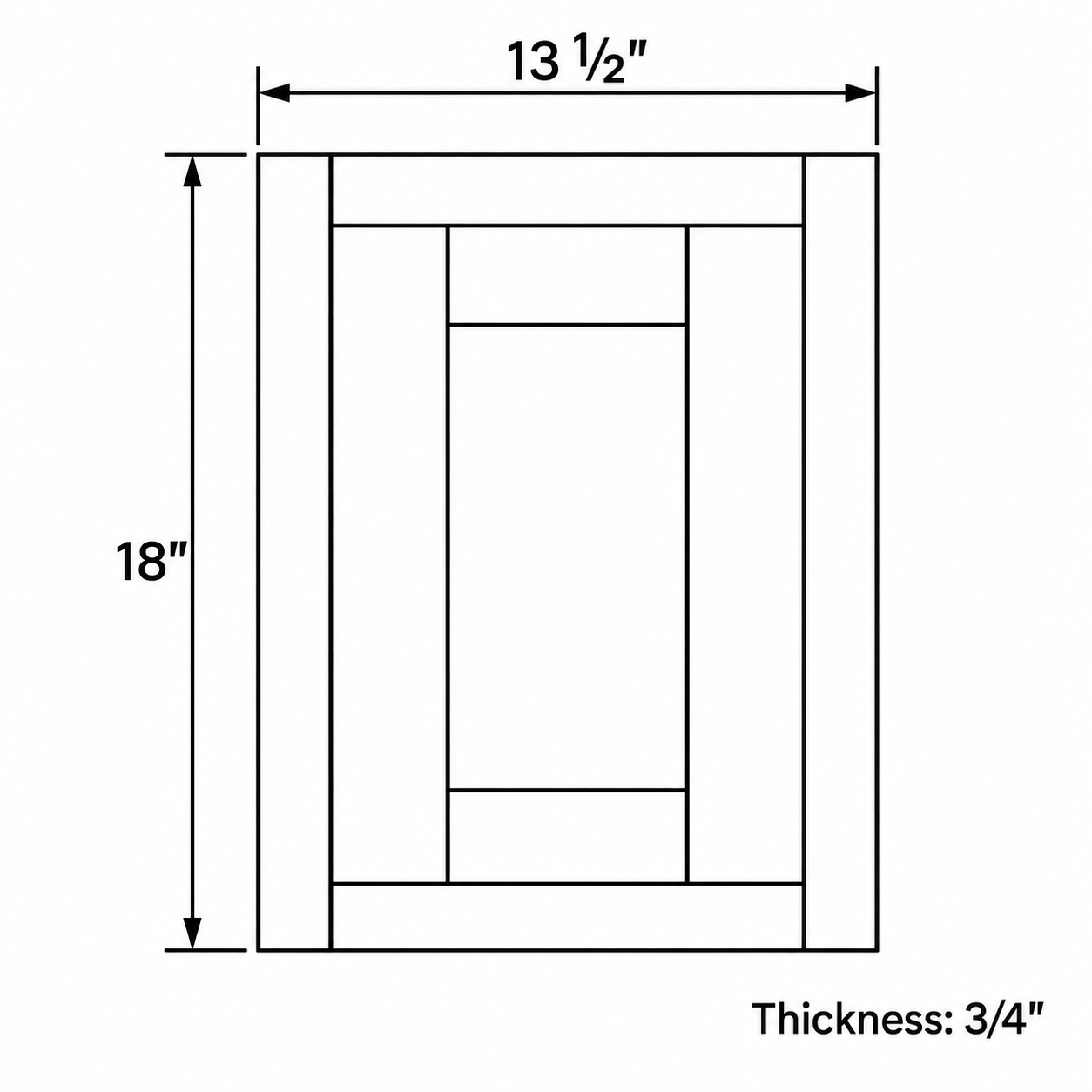 MDI Inset 13.5 by 18 Inch Decorative Door Panel configuration and actual component dimensions for WFD1318