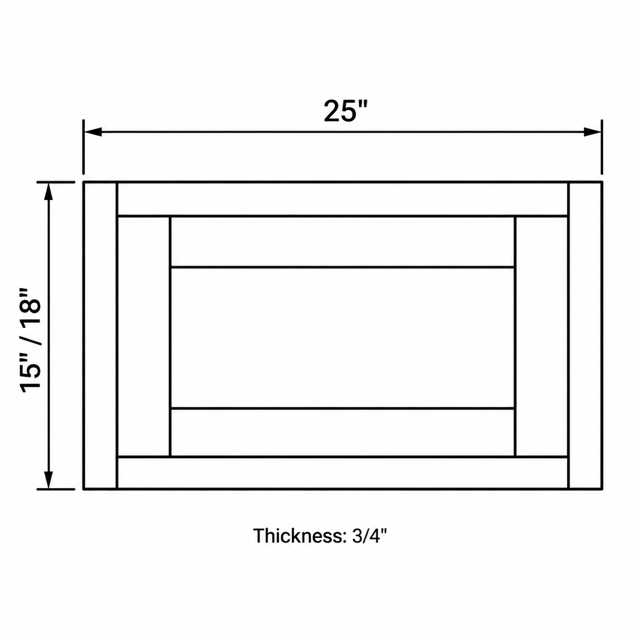 MDI Inset 25 Inch Wide Wall Decorative Panel configuration and actual component dimensions for WFD2515, WFD2518