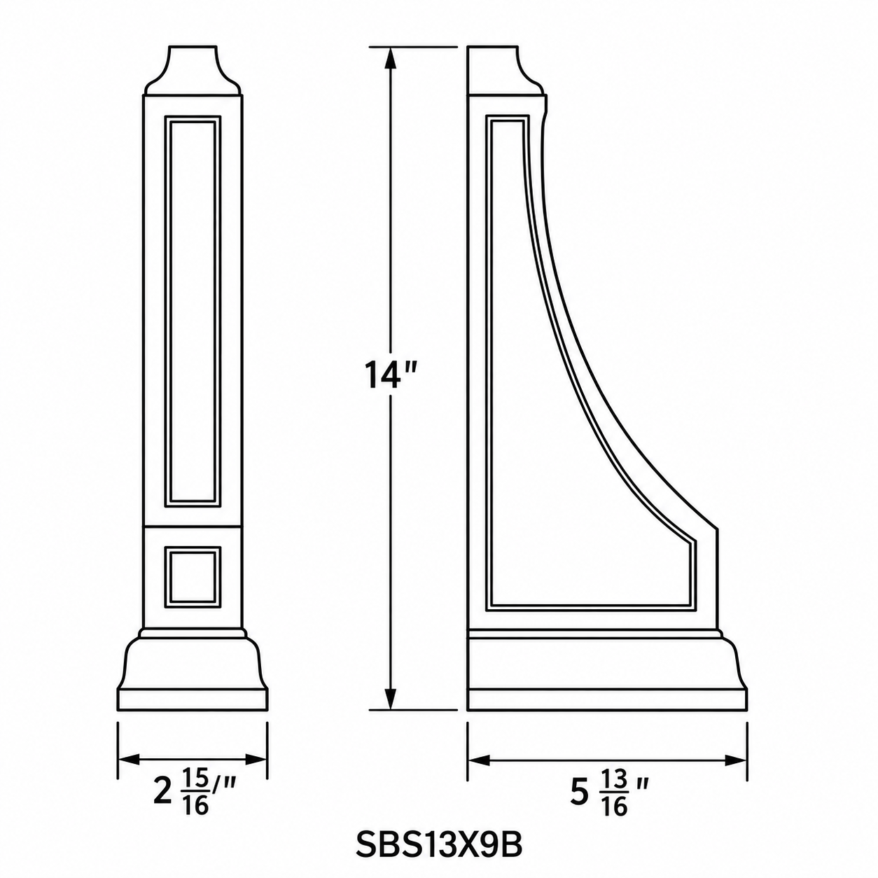 MDI Inset Modern Decorative Wood Corbel profile and dimensions for SBS13X9B