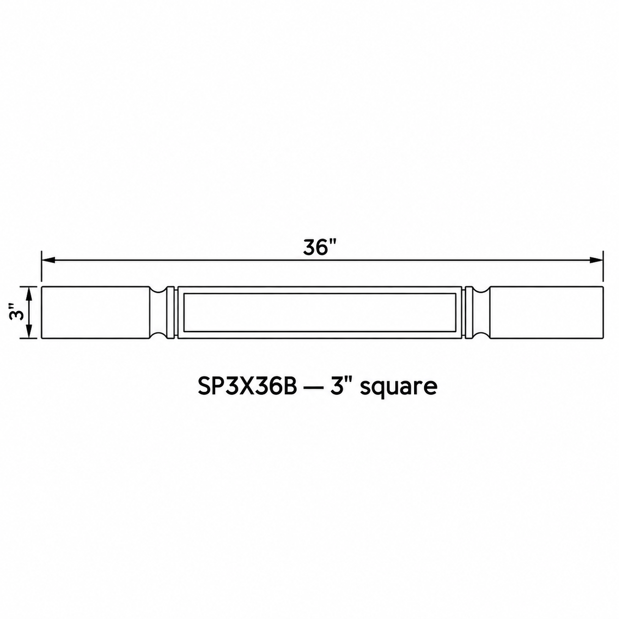 MDI Inset 3 Inch Square Decorative Leg profile and dimensions for SP3X36B