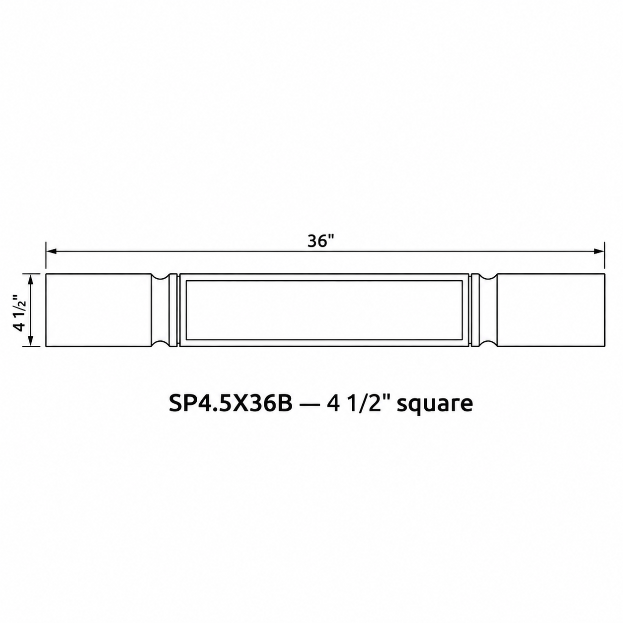 MDI Inset 4.5 Inch Square Decorative Leg profile and dimensions for SP4.5X36B