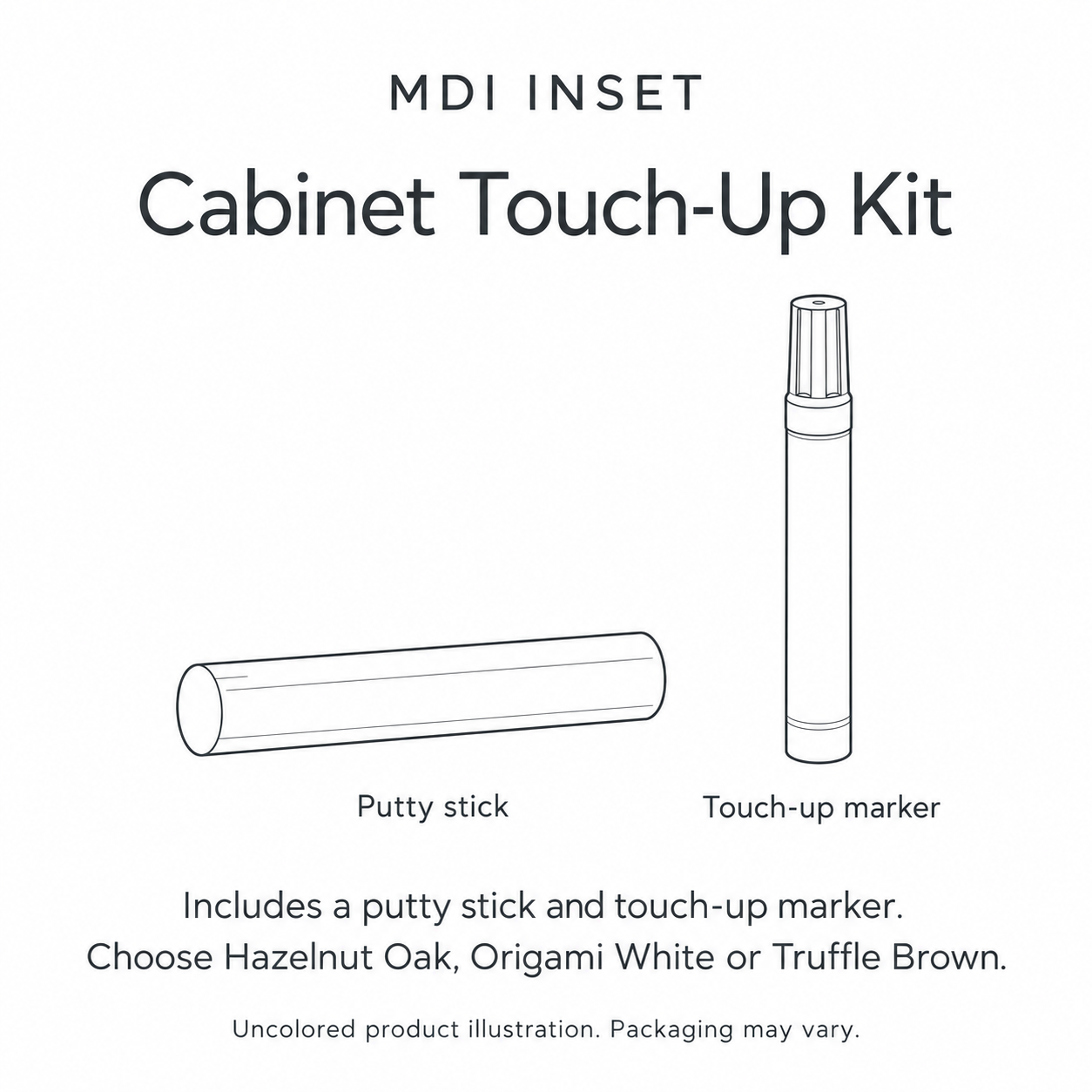 MDI Inset touch-up kit contents and offered finishes