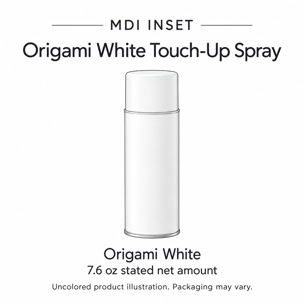 MDI Inset Origami White touch-up spray details and 7.6 oz stated net amount