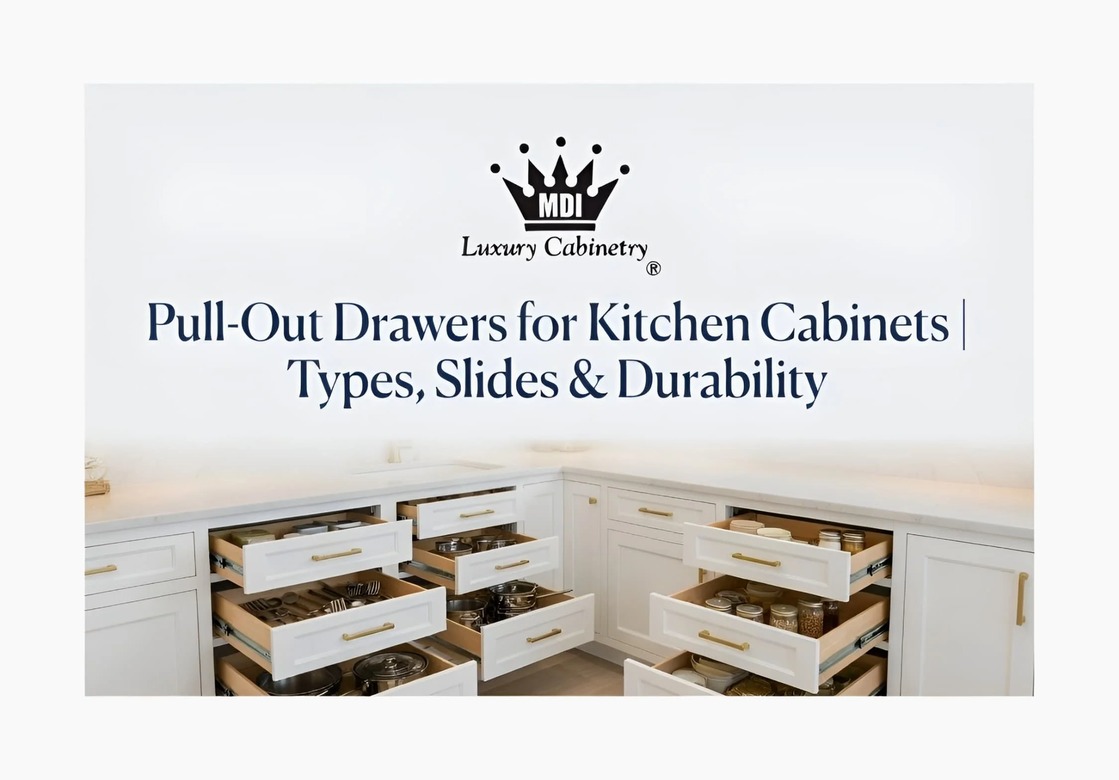 MDI Luxury Cabinetry guide: Pull-Out Drawers for Kitchen Cabinets – Types, Slides & Durability. Elegant luxury kitchen showcasing smooth-gliding pull-out drawers with high-quality soft-close slides and premium organization systems.