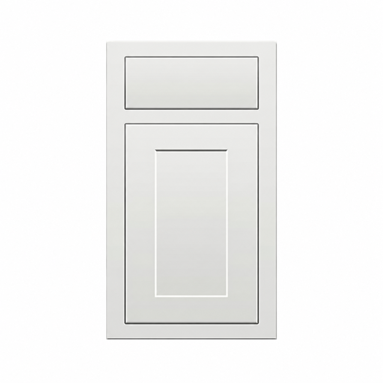MDI Inset Origami White finish sample showing the complete face frame, inset drawer and recessed-panel door