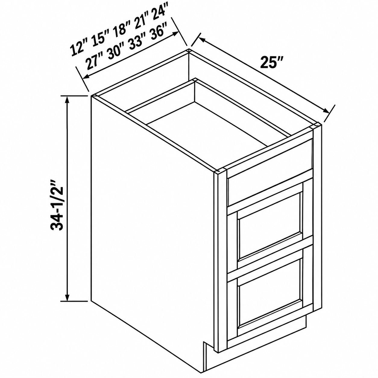 MDI Inset three-drawer base configuration and dimensions: one slab top drawer and two recessed-panel lower drawer fronts