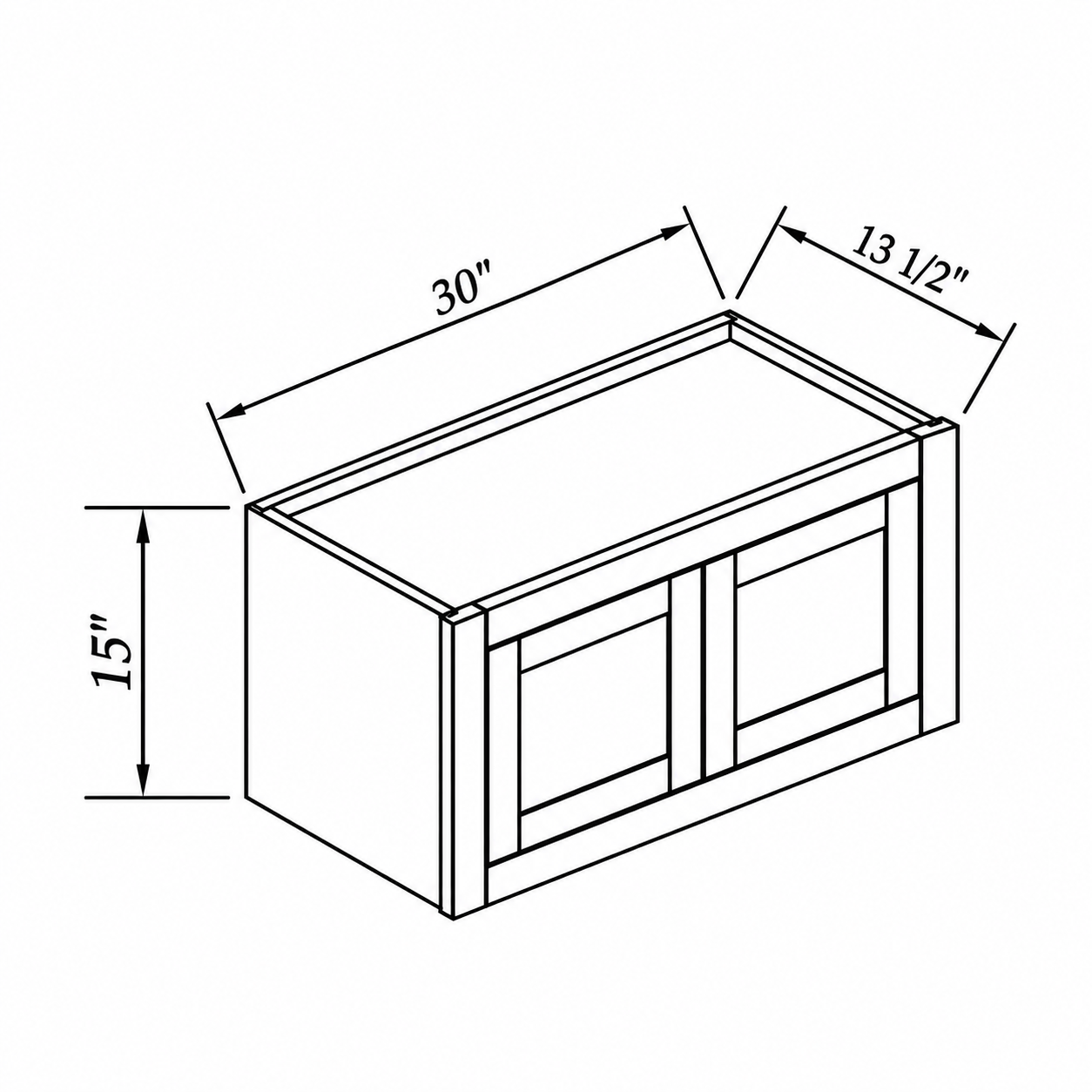 MDI Inset double-door wall cabinet dimensions: 30 inches wide, 15 inches high and 13.5 inches deep