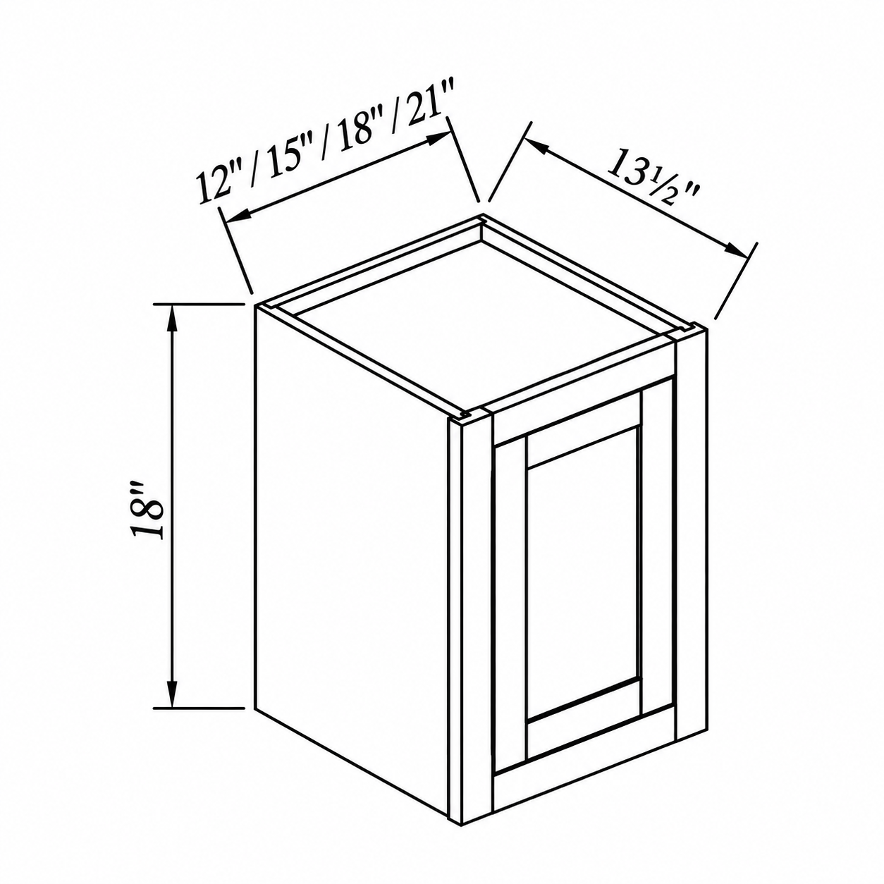 MDI Inset single-door wall cabinet dimensions: 12, 15, 18, 21 inches wide, 18 inches high and 13.5 inches deep
