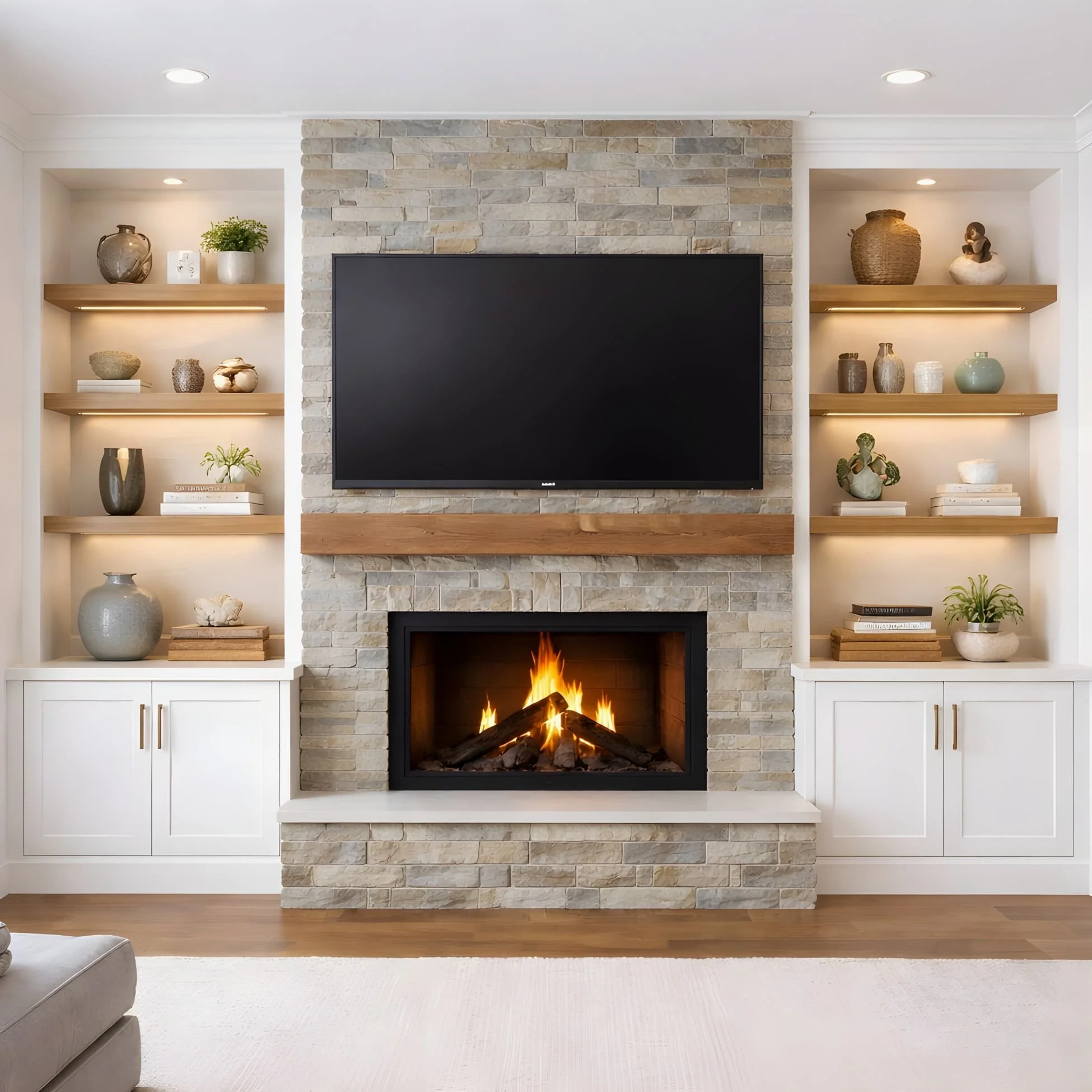 Custom wall unit with fireplace integration and built-in media center featuring floor-to-ceiling stone surround, wood mantel, and symmetrical cabinetry with open shelving