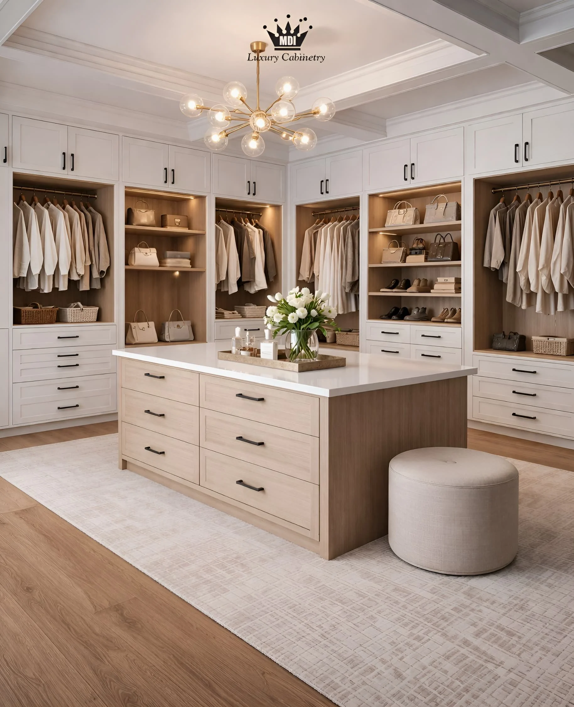 Custom walk-in closet design in Clearwater Beach featuring white cabinetry, wood island, built-in shelving, and luxury storage solutions by MDI Luxury Cabinetry