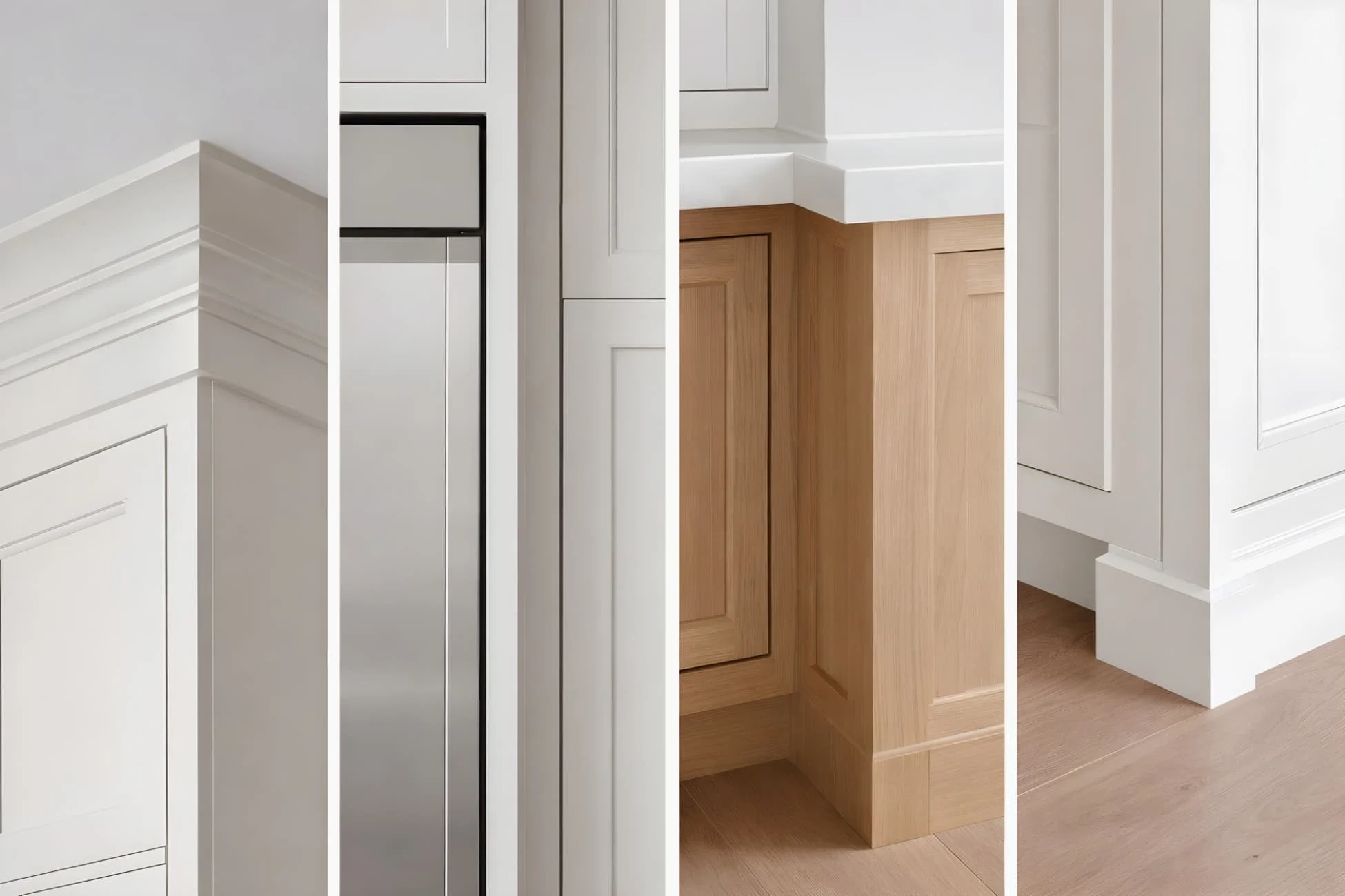 Cabinet transition details showing trim, panels, and clean reveal alignment