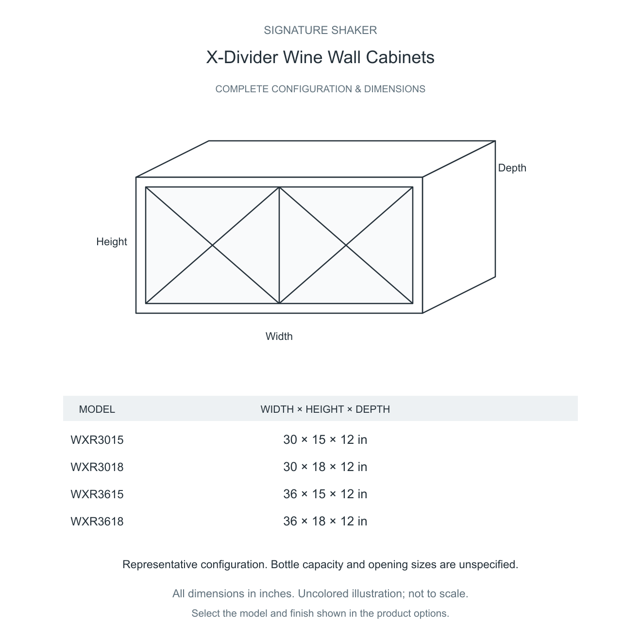 Signature Shaker X-Divider Wine Wall Cabinets complete configuration and dimensions