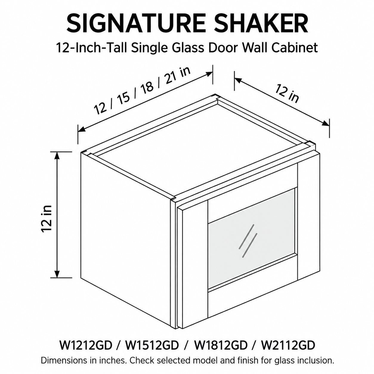 Signature Shaker 12-Inch-Tall Single Glass Door Wall Cabinet dimensions and configuration