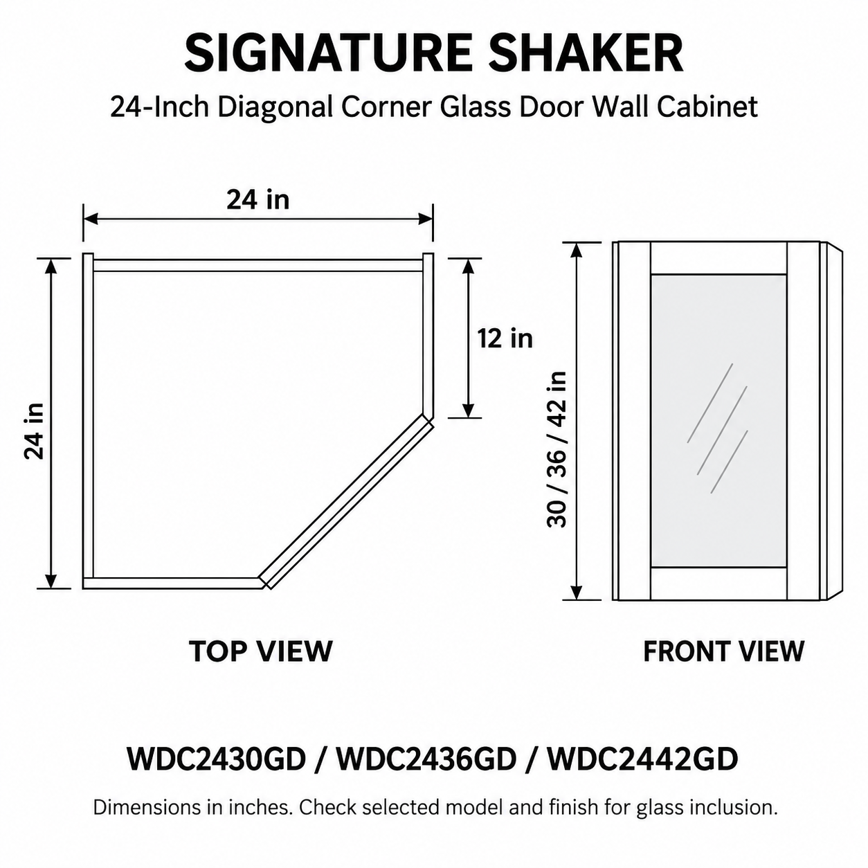 Signature Shaker 24-Inch Diagonal Corner Glass Door Wall Cabinet dimensions and configuration