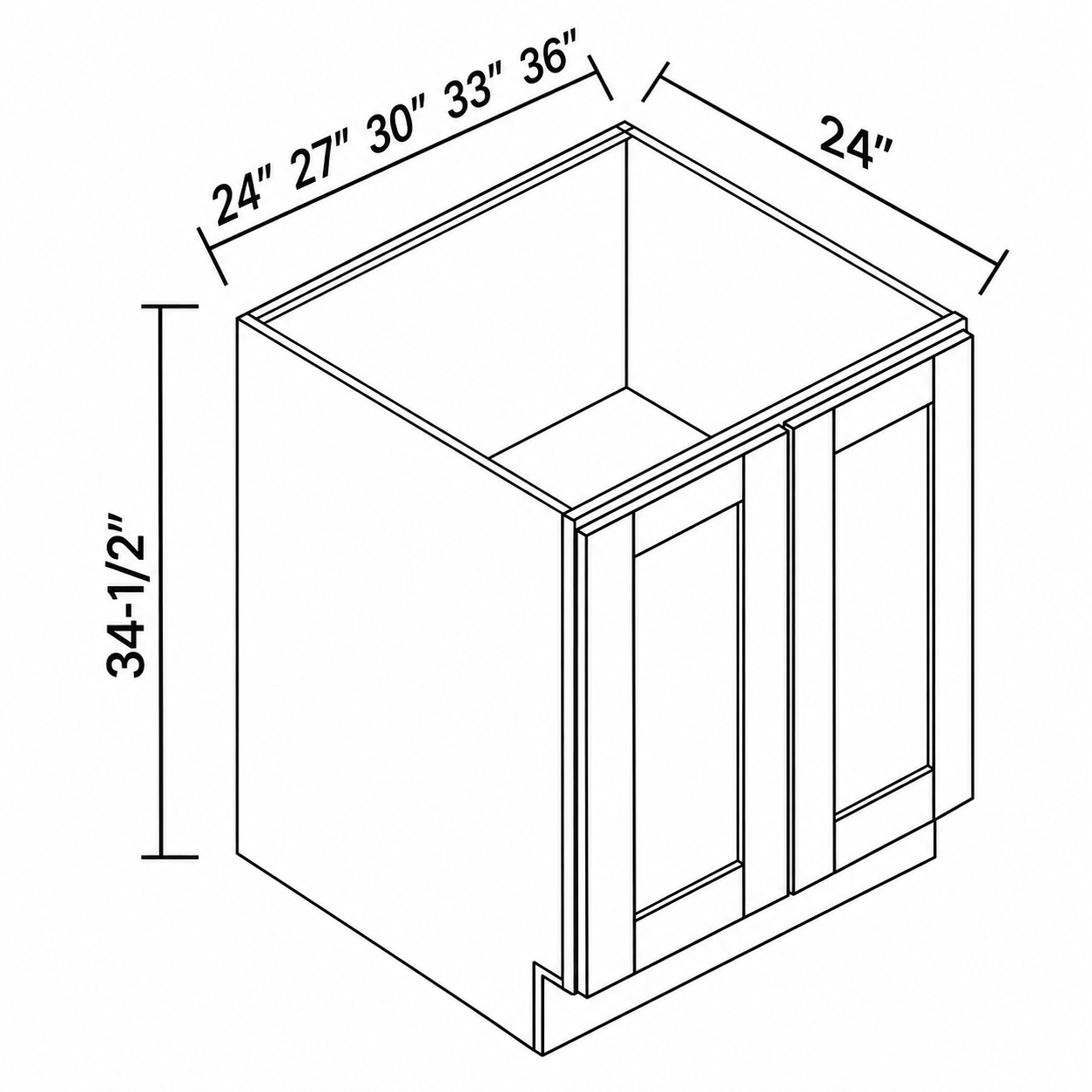 Signature Shaker full-height double-door base dimensions: 24, 27, 30, 33 or 36 inches wide, 34.5 inches high and 24 inches deep