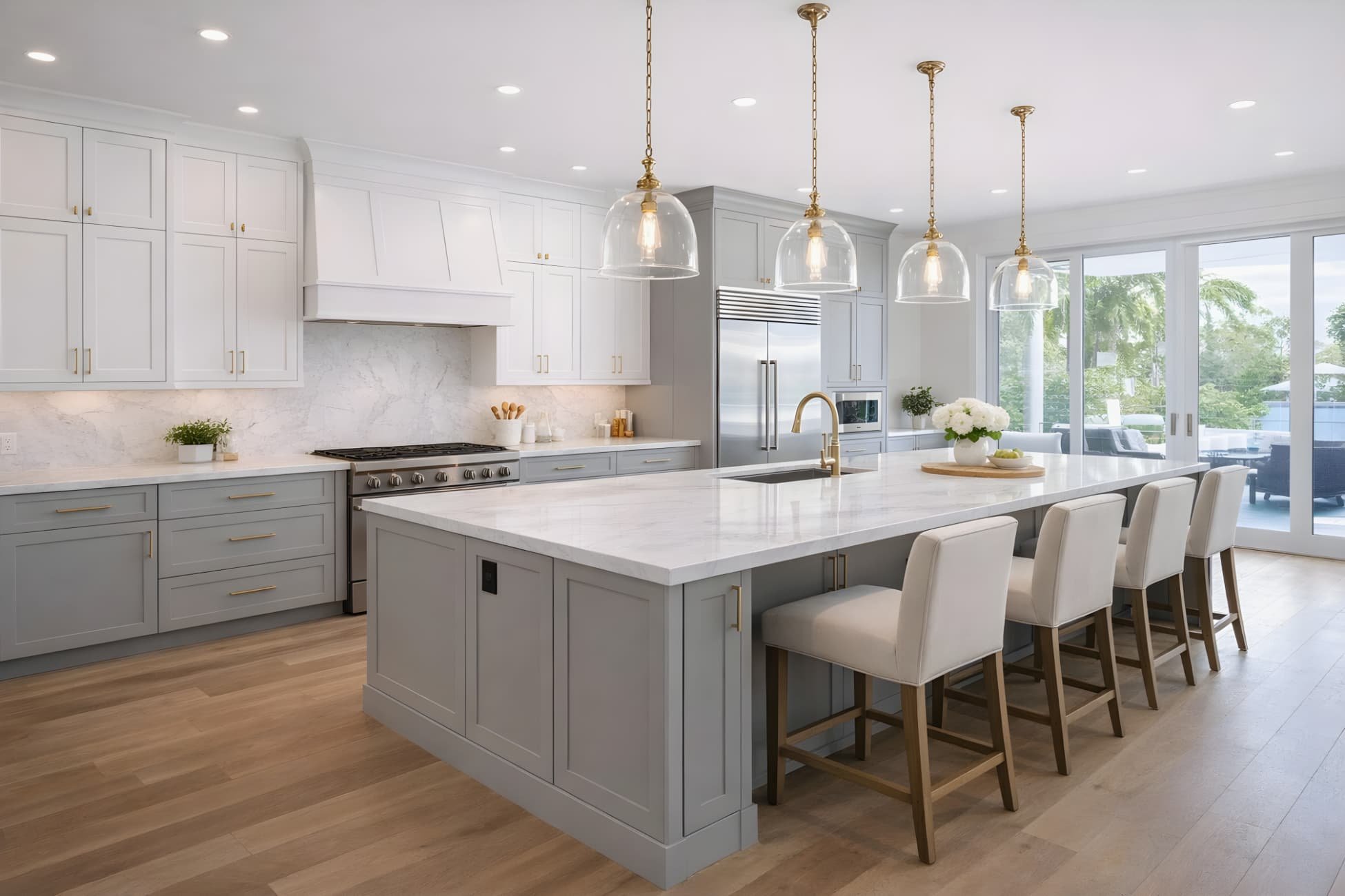 Premium RTA luxury kitchen cabinets with shaker-style doors, marble island, and modern finishes in a bright open-concept kitchen
