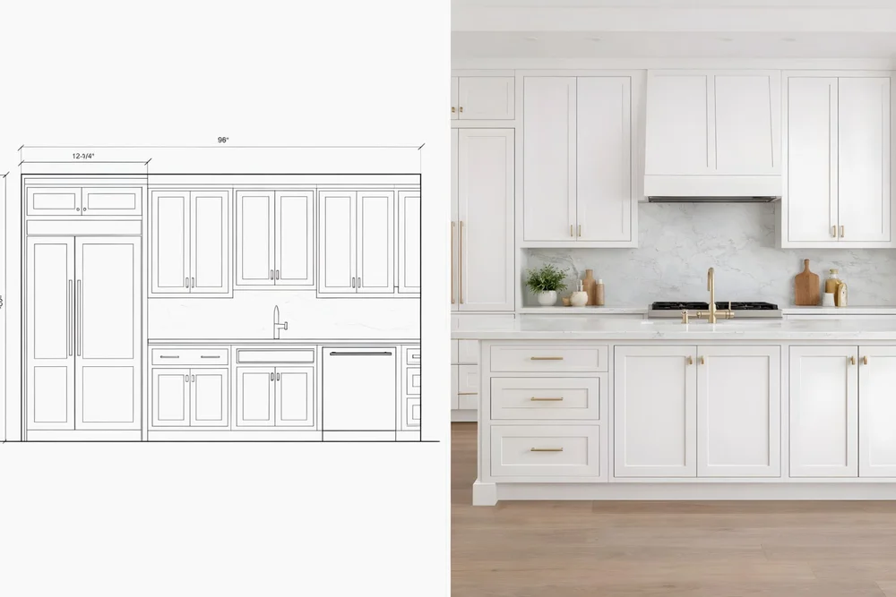 Cabinet elevations used to plan fillers, panels, reveals, and trim