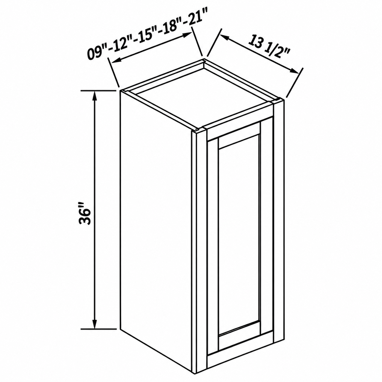 MDI Inset single-door wall dimensions: 9, 12, 15, 18 or 21 inches wide, 36 inches high and 13.5 inches deep