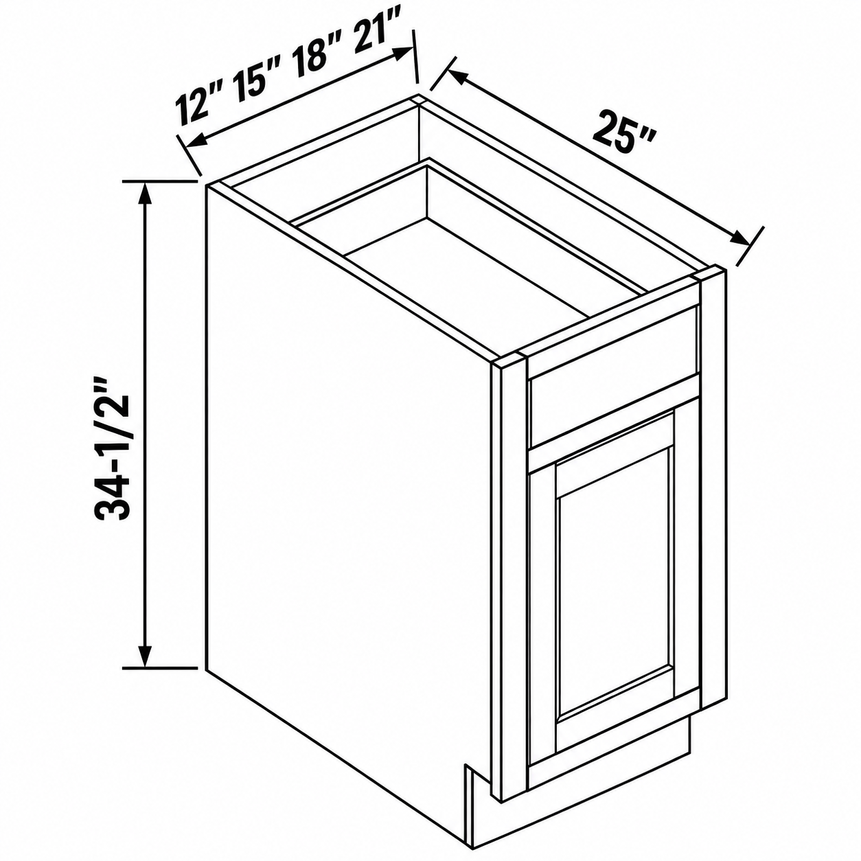MDI Inset single-door single-drawer base configuration drawing — 12, 15, 18 or 21 inches wide, 34.5 inches high and 25 inches deep