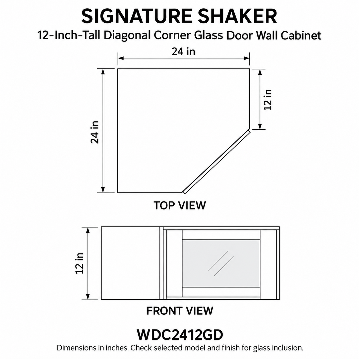 Signature Shaker 12-Inch-Tall Diagonal Corner Glass Door Wall Cabinet dimensions and configuration