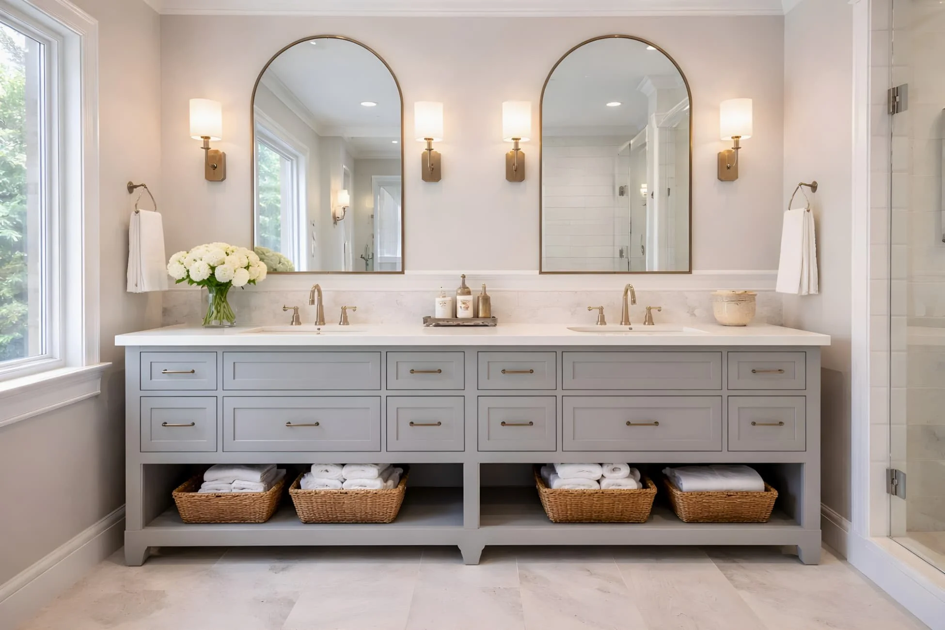 Upscale bathroom vanity cabinetry with visible storage and double sinks